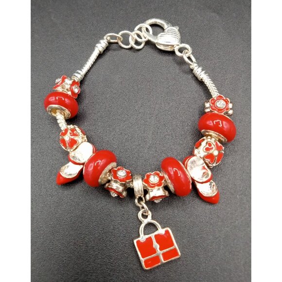 unbranded Jewelry - Charm Bracelet Beads Rhinestone Silver Tone Snake Chain Red Statement Jewelry